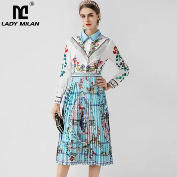 

Women's 2019 Runway Dresses Turn Down Collar Long Sleeves Pleated Printed Tassels Elegant Casual Dress
