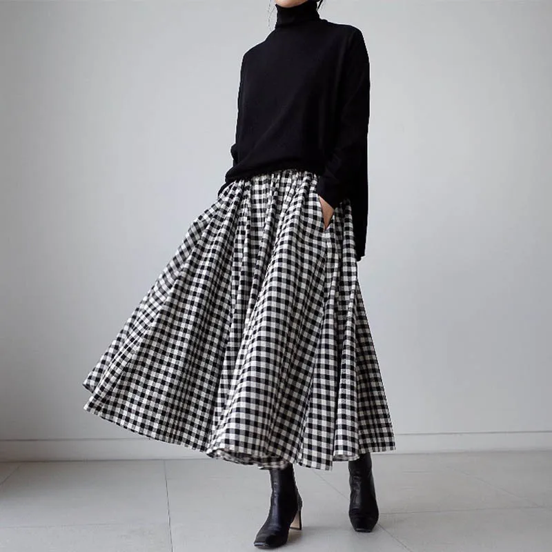 

Spring And Autumn Retro Plaid Skirt Women's Korean-style Mid-length Loose-Fit Slimming Joint A- line Skirt over-the-Knee Full Sk
