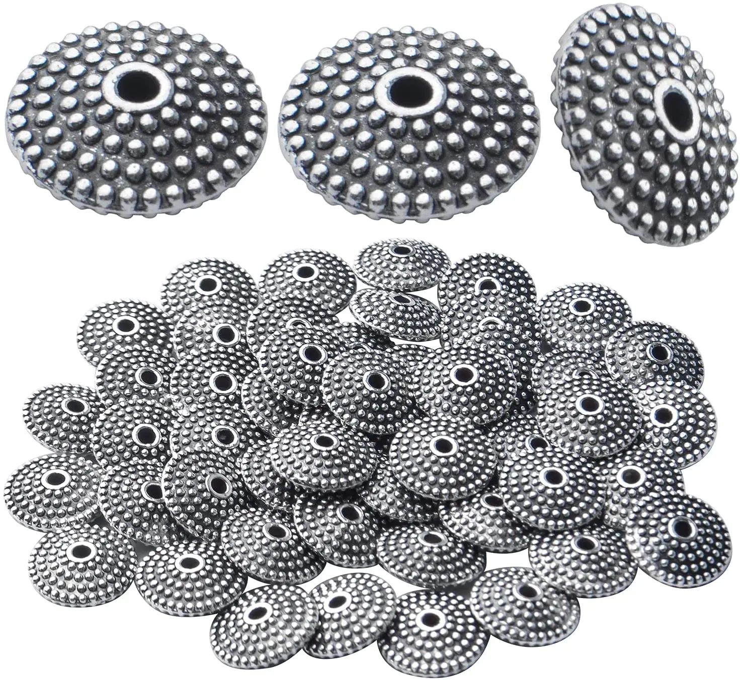 

50pcs Antique Silver Flat Spacer Beads Alloy Tibetan Rondelle Charm Beads Accessories for DIY Bracelet Jewelry Making Supplies