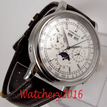 

42mm CORGEUT White dial date day coffee strap Multifunction automatic mens Watch