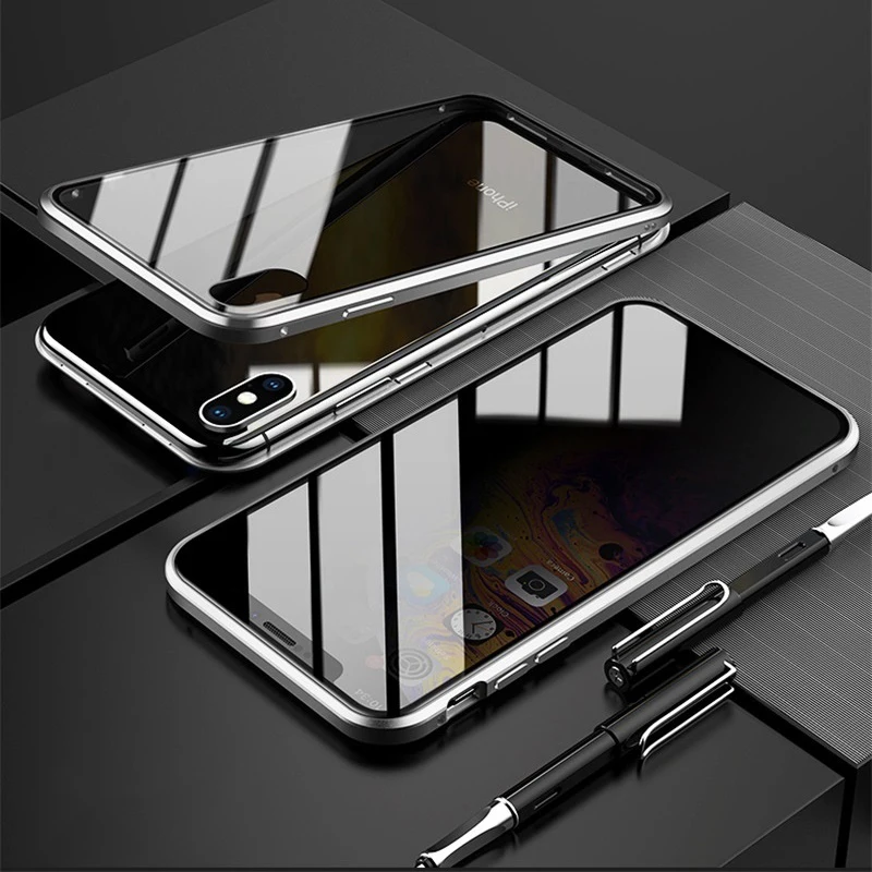 Магнитные поглощающие флип-Чехлы для iPhone 6 7 8 Plus X XR XS Max, задняя крышка для телефона, металлическое стекло для iPhone X XR XS Max, чехол - Цвет: Silver Double Glass