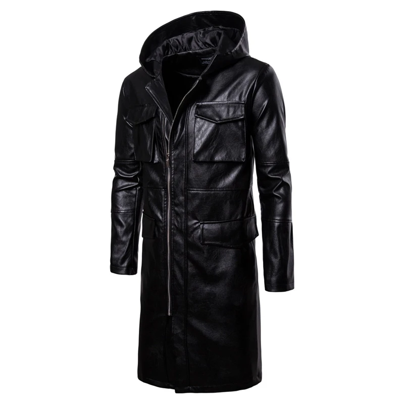 Size S-2XL Newest Leather Jacket Men Fashion Hooded Long Windbreaker Jacket England Style Pockets Leather Jackets Male Coat,B048