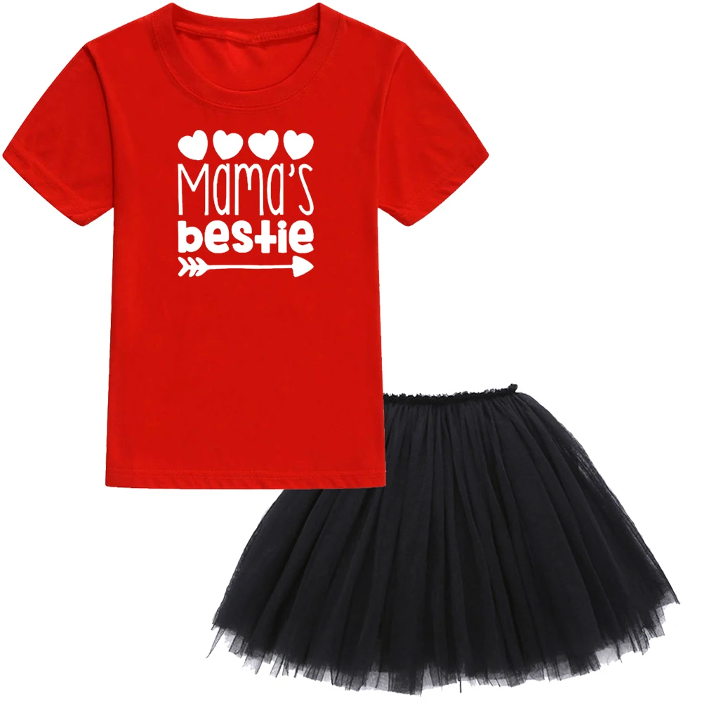Футболки с принтом Mama's Bestie, 8 цветов, топы+ черная юбка-пачка в сеточку, модные комплекты из 2 предметов для девочек, одежда с коротким рукавом для маленьких девочек - Цвет: 41T9-KQTRDBK-