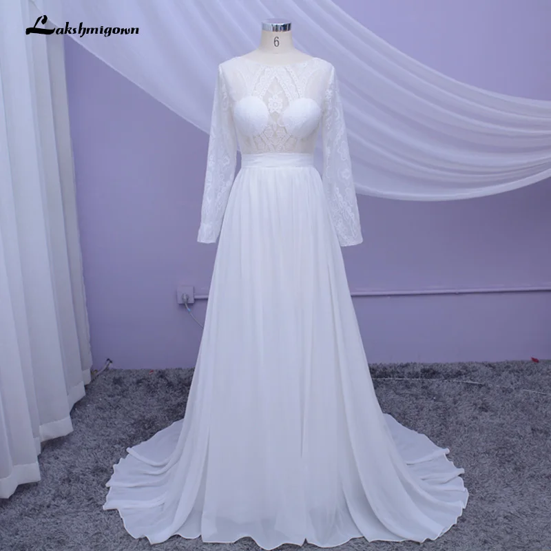 Пляжное свадебное платье с длинными рукавами Vestido de noiva Винтажный кружевной топ шифоновая юбка свадебное платье в стиле бохо Robe De Mariee