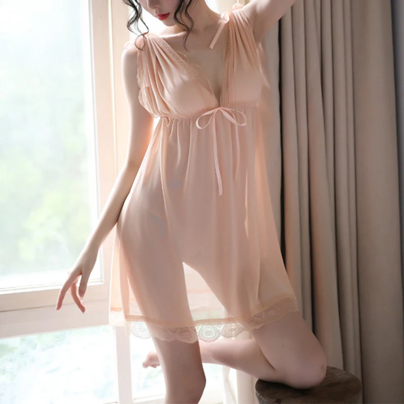 

Women's Sexy See-Through Stitching Lace Nightdress Deep V Collar Mesh Sleeveless Sexy Nightgowns Homewear Female Sleeping Dress