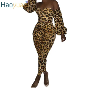 

ZOOEFFBB Sexy Leopard Print Two Piece Set Off Shoulder Long Sleeve Crop Top and Pants Matching Sets Clubwear Party 2 Piece Set