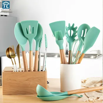 

12pcs Silicone Kitchen Utensils Set Cooking Tool Sets Heat Resistant Non-stick With Storage Box Spatula Soup Spoon Wooden Handle