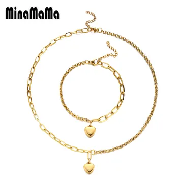 

New Fashion Stainless Steel PaperClip Chain Heart Jewelry Sets For Women Charm Valentine's Day Gift Necklace Bracelet Sets