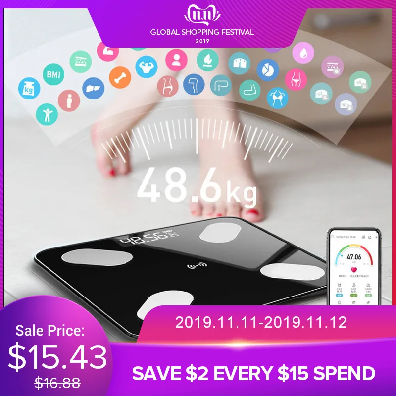 Baratos Mrosaa 26*26cm báscula de grasa corporal inteligente BMI báscula LED Digital para baño báscula Balanza de peso inalámbrica bluetooth APP Android IOS