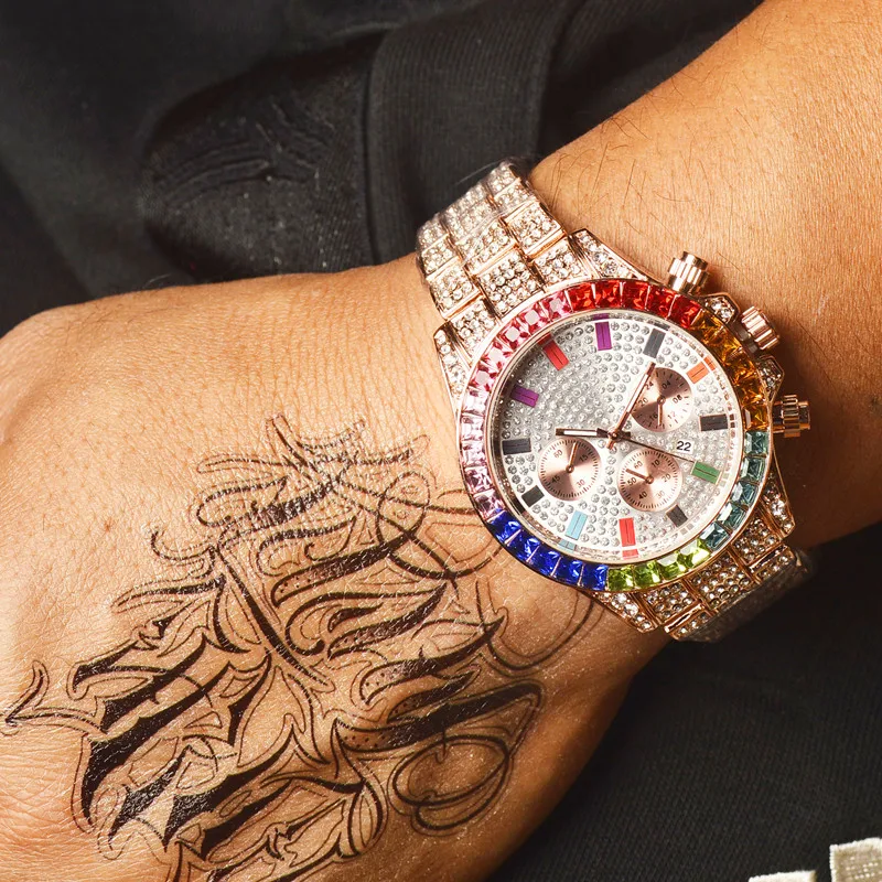 Уникальные часы для мужчин, роскошные брендовые трендовые мужские часы с календарем, часы из розового золота, кварцевые часы с хронографом, бриллиантовые стальные часы Iced Out
