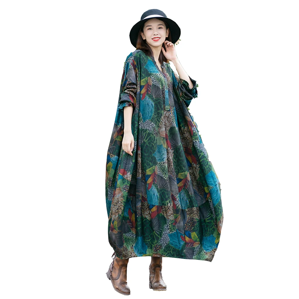 

Women Autumn Printed Plus Size Robe Dress Ladies Print Oversized Dresses Female Retro Plus Size Spring Fall Dress 2019