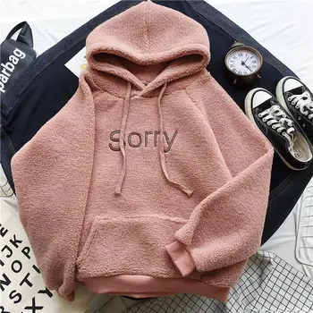 

Winter Thicken Coat Warm Hooded Sorry Embroidery Harajuku Loose Pocket Hoodies Thick Fleece Flannel Pullover Female Sweatshirt