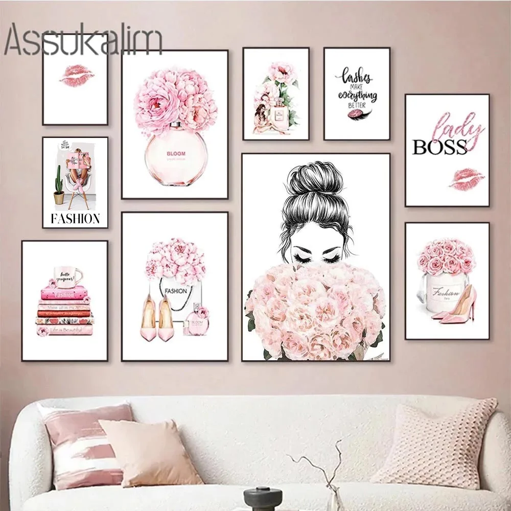 Gonqtoz Fashion Perfume Prints Artwork Pink Flowers Painting Canvas Wall  Art Decor Women Poster for Girls Gift Bedroom Bathroom Office Dressing Room  With Framed Ready to Hang Size 16x24 inch : Buy