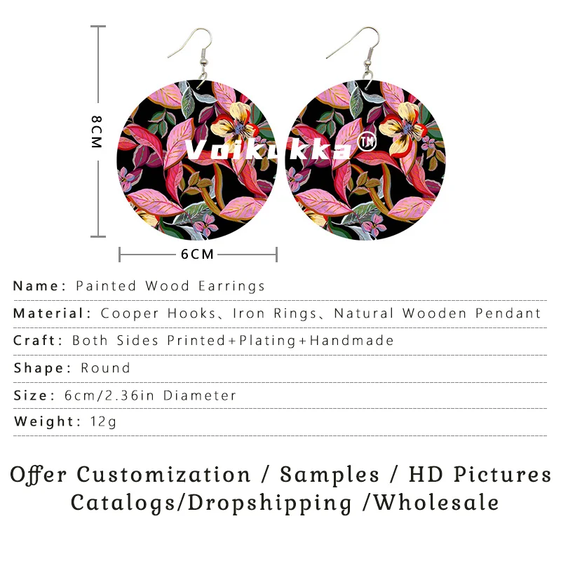 Voikukka Jewelry Hot Sale 6 CM Circle Both Sides Printing A Painted Floral Pattern Wooden Drop Dangle Women Earrings For Gifts Voikukka Jewelry Hot Sale 6 CM Circle Both Sides Printing A Painted Floral Pattern Wooden Drop Dangle Women Earrings For Gifts