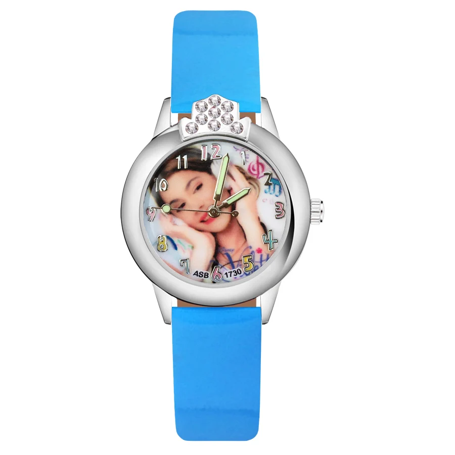 Sky Blue Милые детские часы с милыми кристаллами для девочек, детские кварцевые наручные часы с кожаным ремешком для мальчиков и девочек JK141 - Цвет: Sky Blue