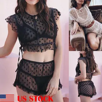 

Women Sexy Summer Pajama Sets New See-through Dot Printed Sheer Mesh Sleepwear Female Short Tops Shorts 2pcs Night Wear Femme