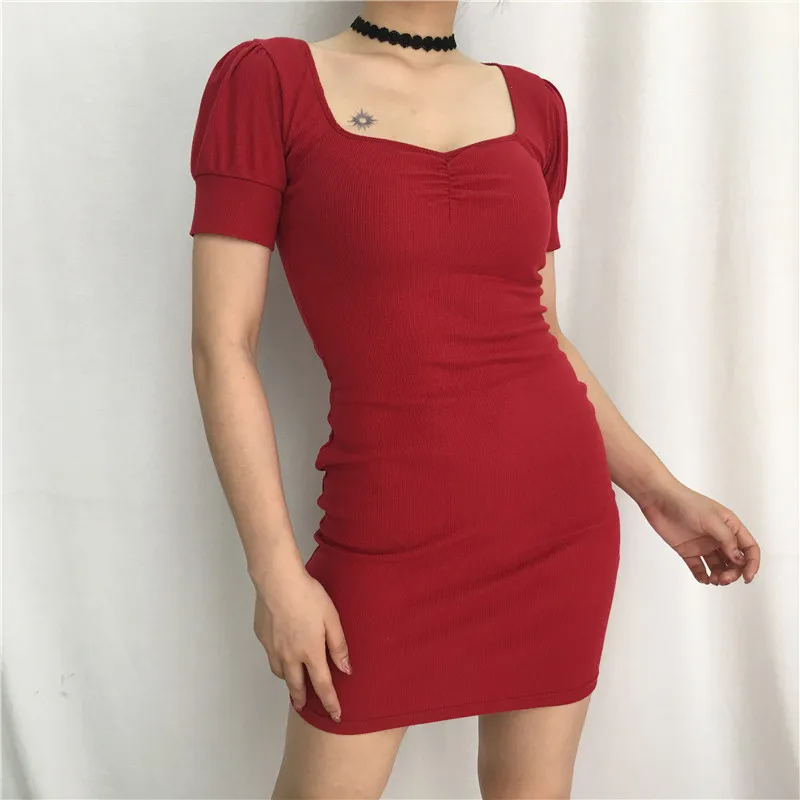 Rapwriter Vintage Square Collar Ruched Short Sleeve Slim Knitted CottonPencil Dress Women New Casual Mini Dress Vestodo