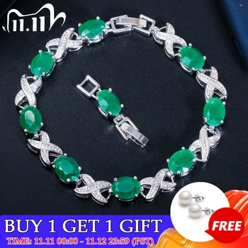 

ThreeGraces Elegant 925 Sterling Silver Emerald Cross Oval Zircon Crystal Link Chain Bracelets for Women Costume Jewelry BR114