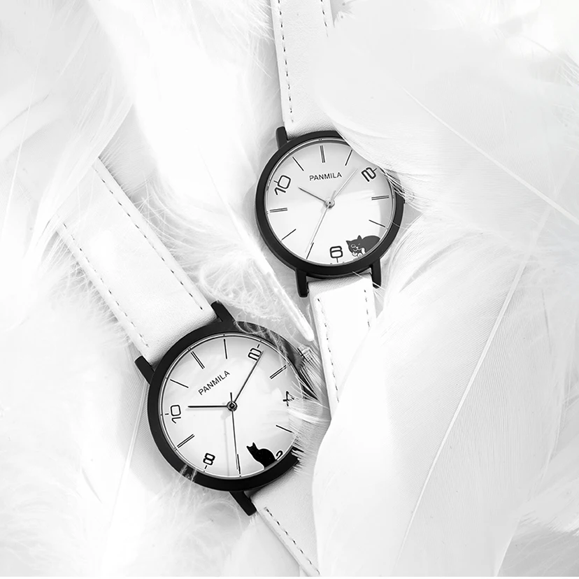 NO.2Women Big Small Dial Quartz Watches Classic White Black Cat Faux Leather Watch Men Couple Waterproof Wristwatch Clock |