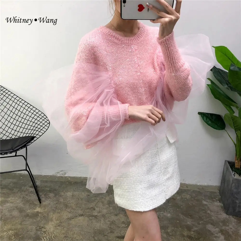 WHITNEY WANG мода уличная сетка лоскутное блестки мерцающий свитер женский джемпер Pull femme sueter mujer invierno