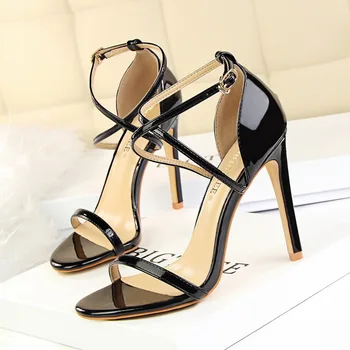 

Fashion Sexy Summer High Heel Women Shoes Cross-tied Stiletto Ultra 11cm High Heel Hollowed-out Cross Band Sandals Gold Shoes