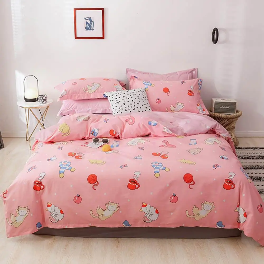 

2019 Knitting Wool Ball Cats Pink Duvet Cover Set Flat Fitted Sheet Cotton Bedlinens Hypoallergenic Twin Queen King Bedlinens