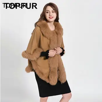 

TOPFUR 2018 New Arrival Fashion Genuine Shawls With Fox Fur Collar Luxury Bat Sleeved Capes For Women With Top Quality BF-C0493