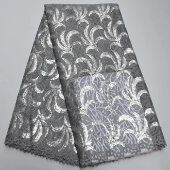 

Gray Color African Lace Fabric 2020 Embroidered Nigerian Laces Fabrics High Quality French Tulle Lace Fabric With Sequins TK8-7