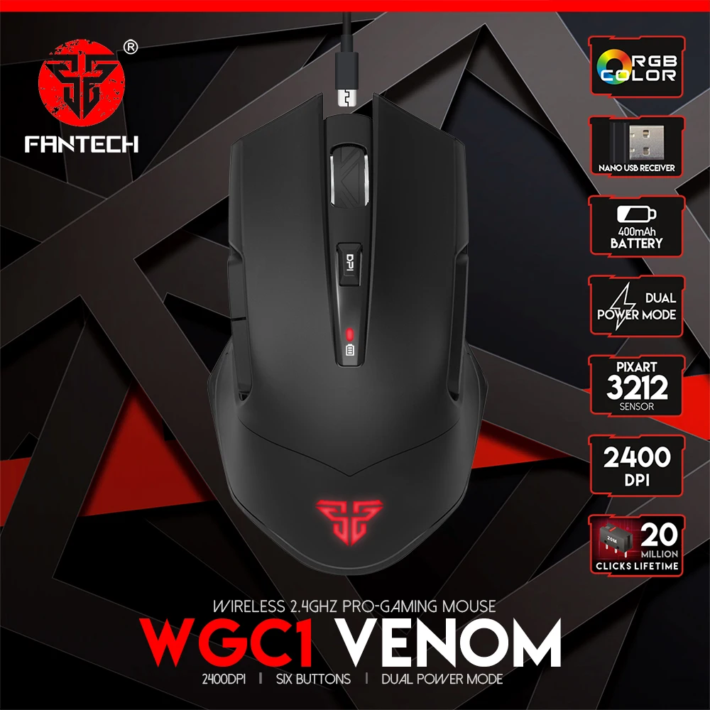 FANTECH WGC1 беспроводная мышь с зарядкой RGB 2400 dpi регулируемая eэргономичная игровая мышь PIXART 3212 игровые фишки для мыши геймера