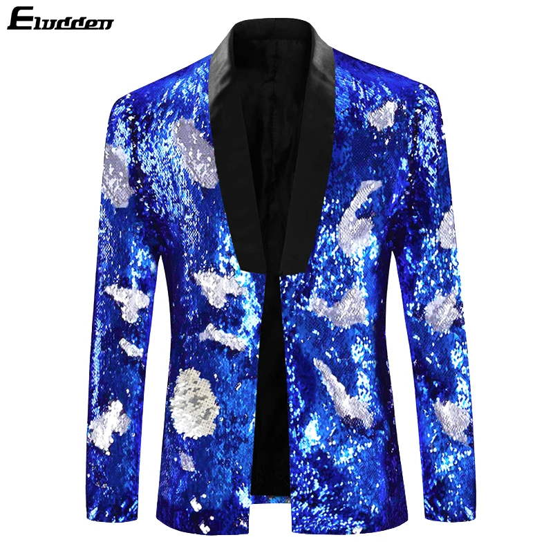 Blue-Silver Роскошный Королевский костюм, платье с блестками, блейзер для мужчин, для ночного клуба, для сцены, с воротником-шалью, мужской пиджак, для свадебной вечеринки, для сцены, Блейзер, Masculino - Цвет: Blue-Silver
