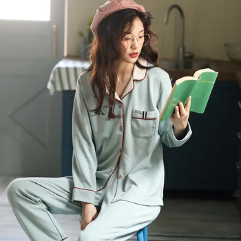 

Autumn Winter Sweet Women's Full Cotton Long Sleeve Pajamas Set Loose Leisure Adult Women Sleepwear Set Pjama for Mother Wear