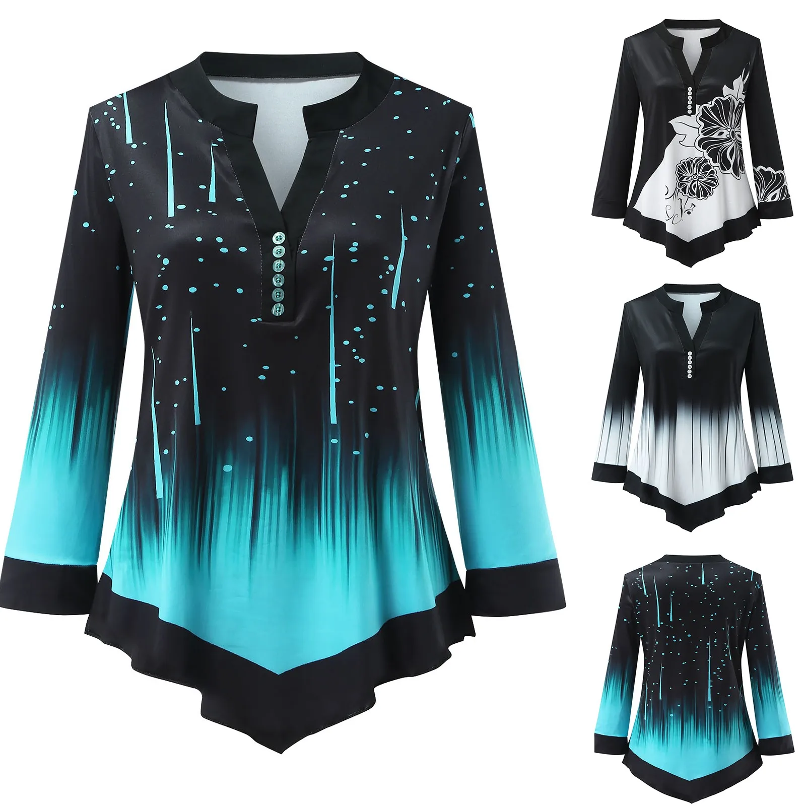 Blusa holgada informal de talla grande con manga larga para verano, camisa Sexy con estampado de retales degradados para mujer, cuello en V