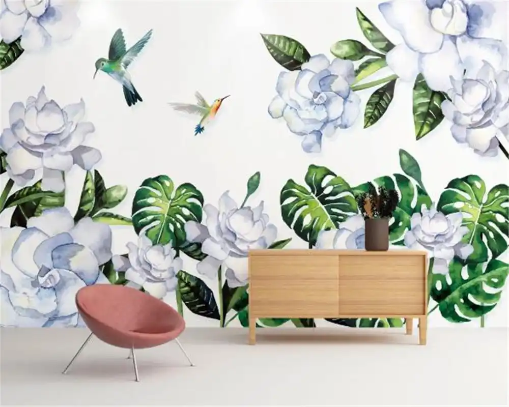3d 壁紙手塗装熱帯植物花と鳥背景の壁の紙デザインカスタム壁紙あなたのような 壁紙 Aliexpress