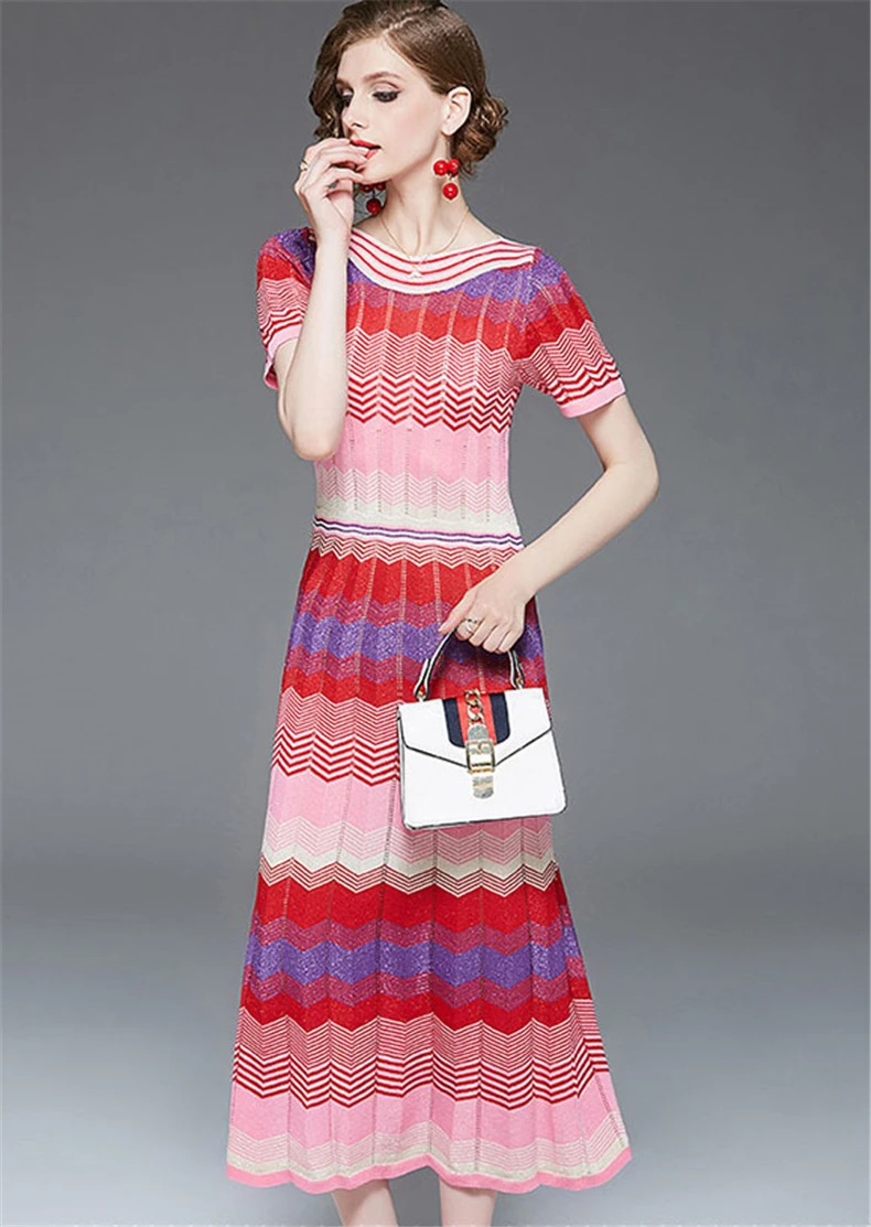 CAMIA vestido longo с вырезом лодочкой, золотистой линией, с полым контрастным цветом, с короткими рукавами, вязаное элегантное платье, женское платье