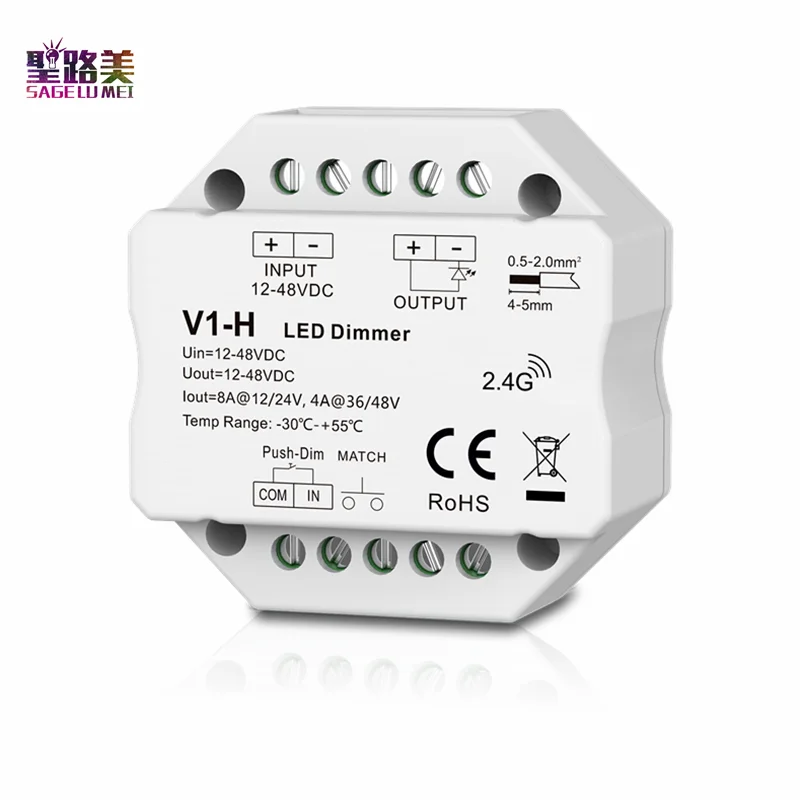 V1-H 12-48VDC 24V 36V 96W/192W/144W/192W  Single Color LED Dimmer Step-less dimming /Push Dim Controller For  LED strip Light skydance single color led strip constant voltage ac push dim dimmer v1 s 110v 220v triac dimming monochrome light controller