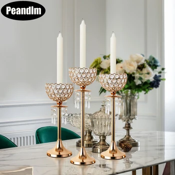 

PEANDIM Crystal Wedding Centerpieces Candelabra Party Pillar Flowers Stand Gold Candle Holder Candlestick For Home Decoration