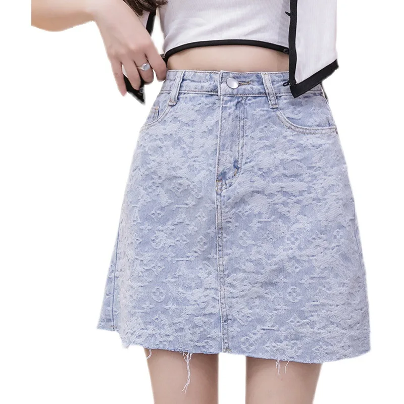 

Jacquard denim skirt female short skirt 2021 summer new denim a-line skirt casual denim skirt anti-exposure