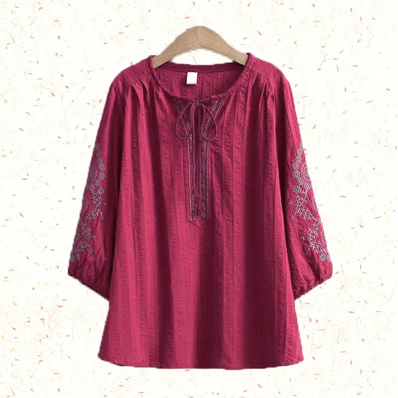 

New Arrival Spring Blusas Plus Size Women 3/4 Sleeve Loose Ladies Blouses Top Quality Cotton Embroidery O-neck Large Tops D444