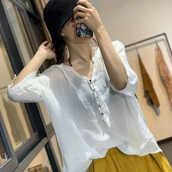 

Women Casual Cardigan Blouse Ladies Summer V-Neck Linen Loose Solid Ruffles Blouse Tops