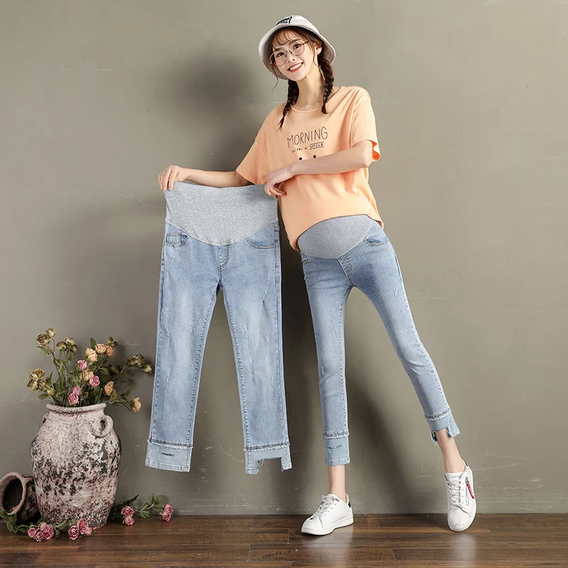 

308# Spring Summer Stretch Denim Maternity Skinny Jeans 9/10 Patchwork Pencil Belly Pants Clothes for Pregnant Women Pregnancy