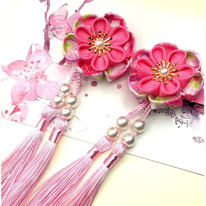 2 шт. Maru-tsuami Kanzashi Цветочные кисточки Сакура заколка для волос традиционный японский стиль кимоно аксессуар Гейша ручной работы HW043