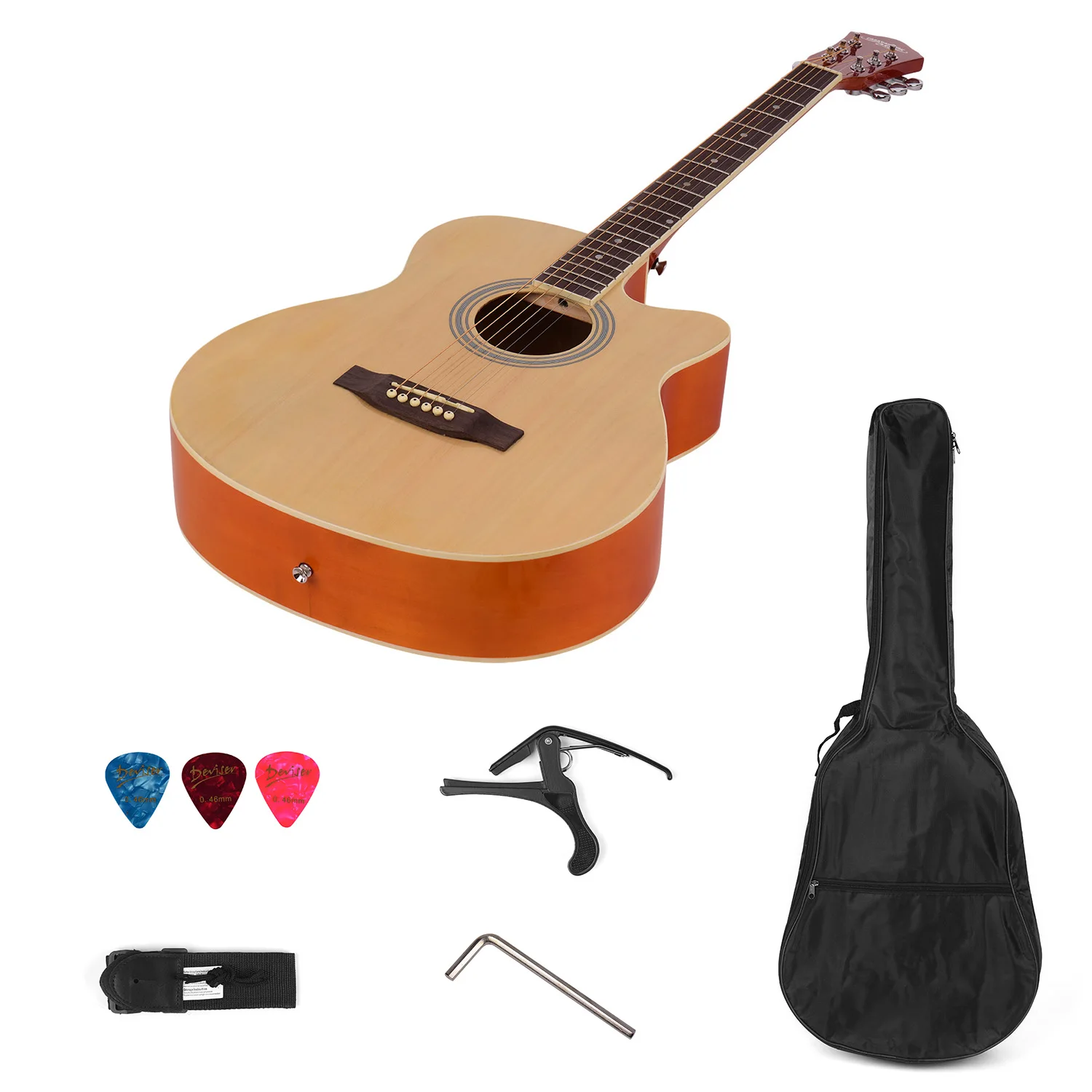 40inch Cutaway Acoustic Folk Guitar 6 Strings Basswood with Strap Gig Bag Capo Picks