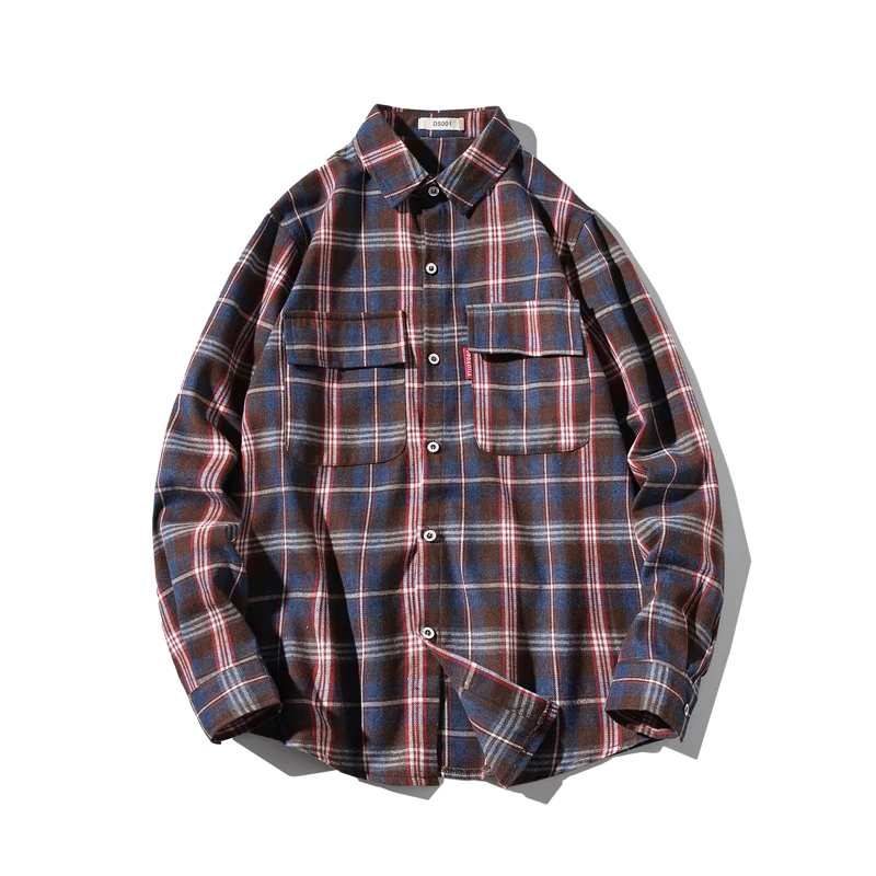 5XL повседневная мужская клетчатая рубашка, осенняя рубашка, мужские нарядные рубашки, Модная приталенная Хлопковая мужская рубашка с длинным рукавом Y2053 - Цвет: Red