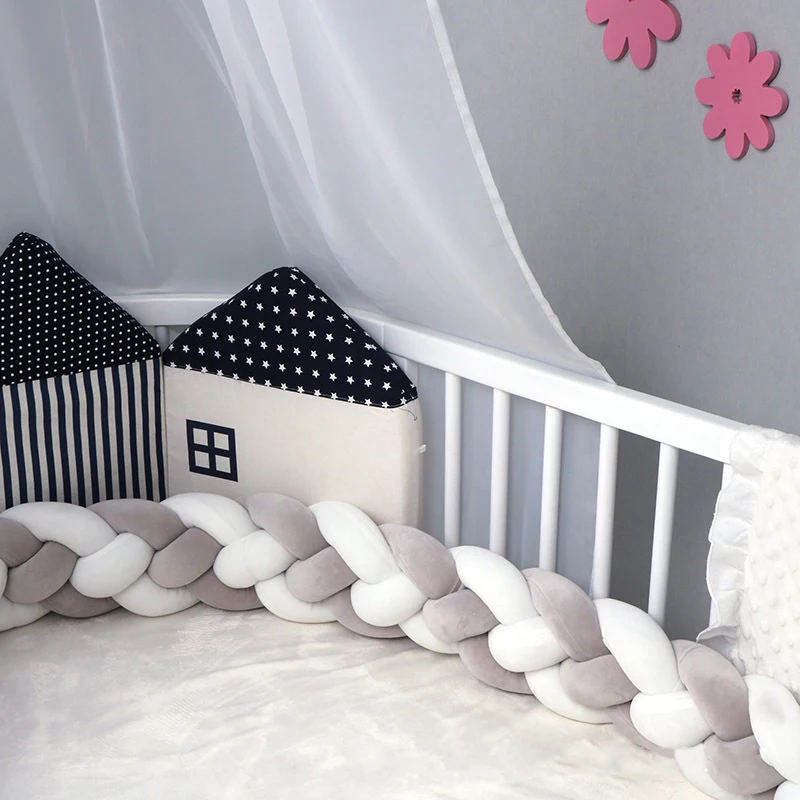 Baby Crib Bumper Chunky Knit Braided Baby Bedding Sheets Plush Nursery Cradle Decor Newborn Gift Pillow Cushion Junior Bed Sleep Bumper 4 Strands,Widening）Gray 79 inch 