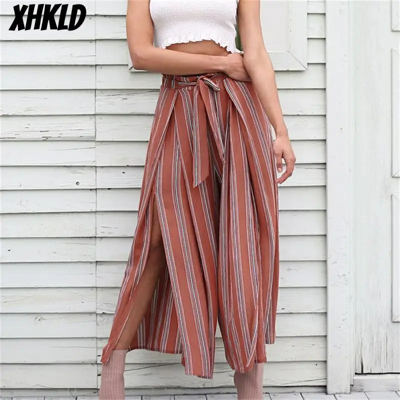 Новинка 2018 широкие брюки в полоску с высоким разрезом женские летние пляжные