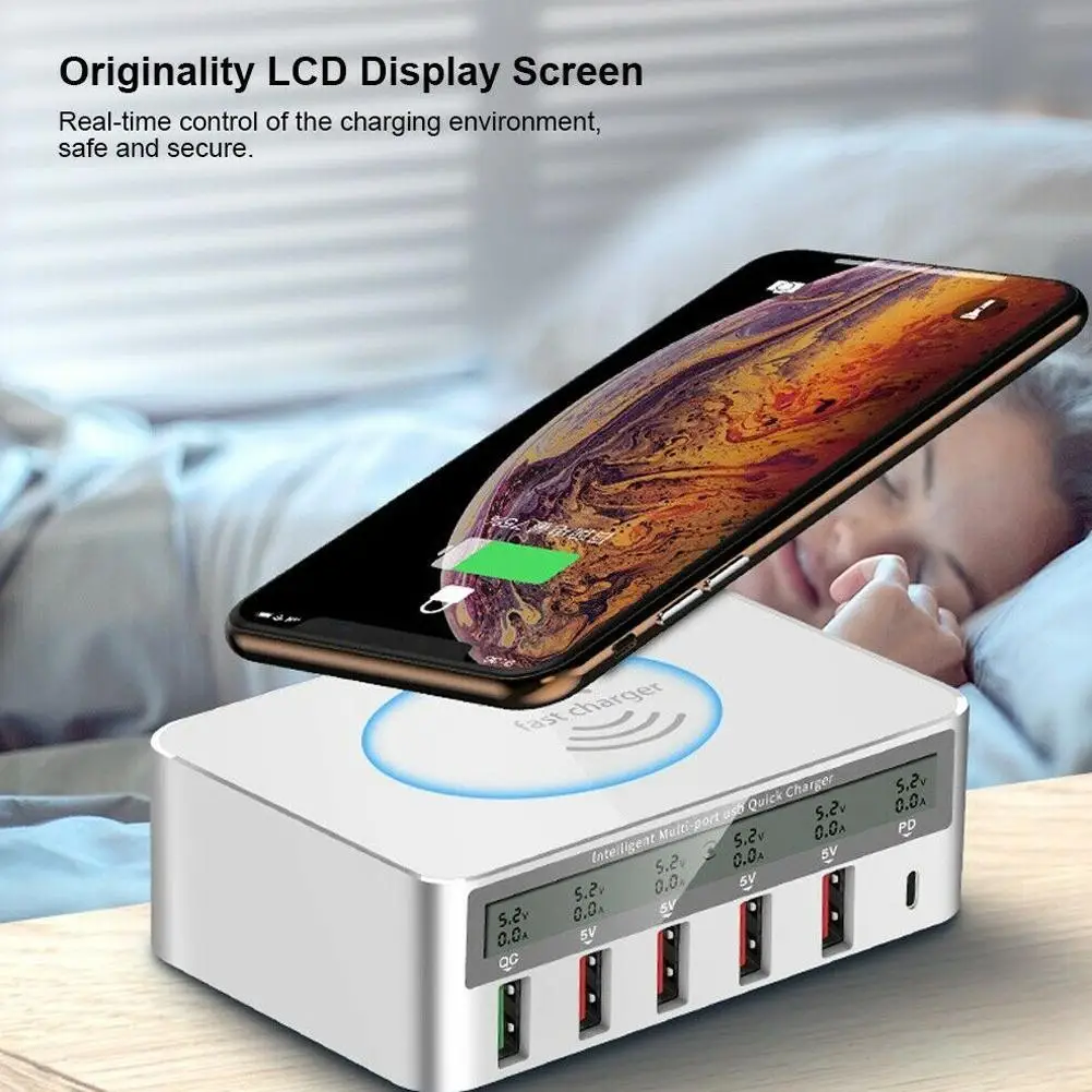 QI держатель беспроводного зарядного устройства для iPhone samsung USB QC3.0 Быстрая зарядка ЖК-дисплей станция type-c 5 Порт USB зарядное устройство для смартфона