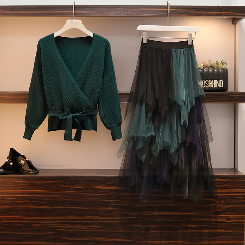 

2019 Spring Ladies V-neck Bow Sweater Skirts 2 PCS Suit Pullover Sweater Top + Mesh Irregular Tulle Skirt Sets Autumn 2pcs Suit