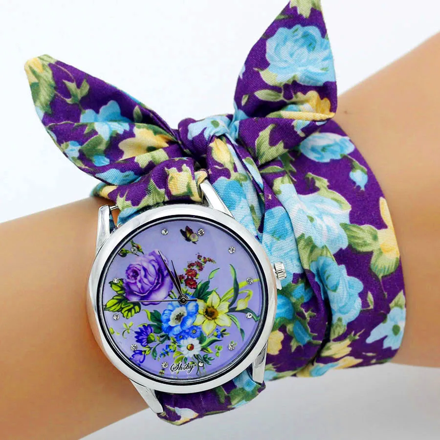 Shsby New Design Ladies Flower Cloth Wristwatch Fashion Women Dress Watch High Quality Fabric Clock Sweet Girls Bracelet Watch 6