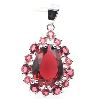 

35x21mm SheCrown Drop Shape Created Pink Raspberry Rhodolite Garnet Woman's Silver Pendant
