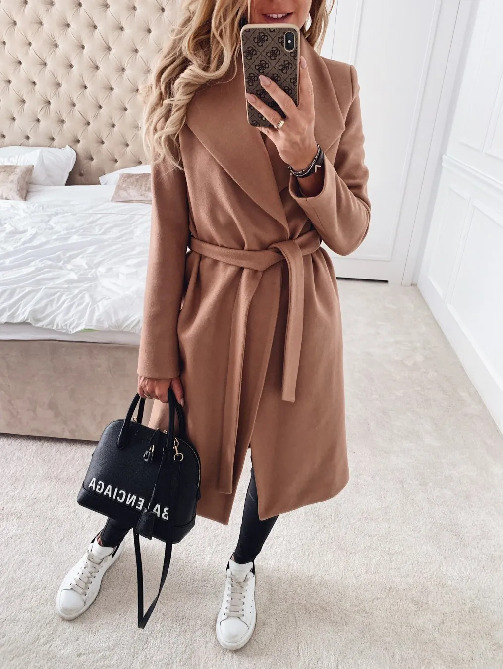 Women Long Sleeve Turn-Down Collar Coat Autumn Winter Warm Soft Slim Belt Robe Pocket Overcoat Casual Thick Coat Plus Size